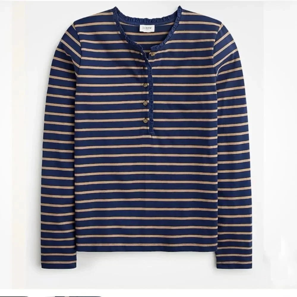 J. Crew Blue Tan Striped Ruffle-Collar Henley Top